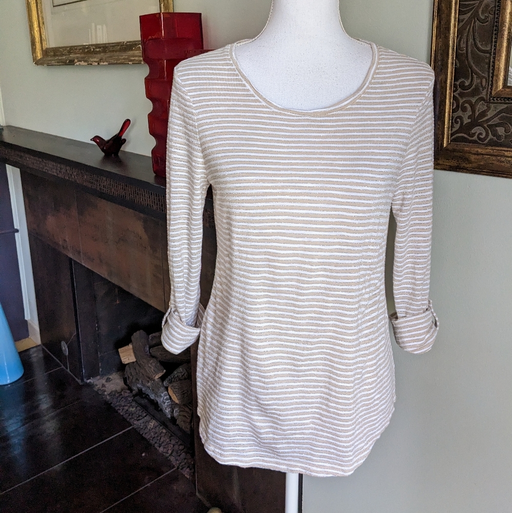 Chico's Size 0/Small Cotton-Blend Slub Lurex Striped Utility SleeveButton Tee 69